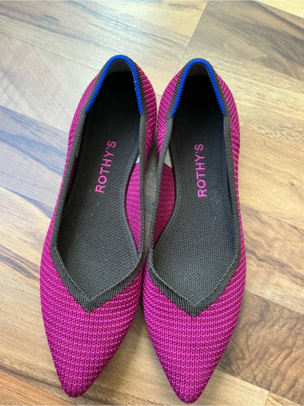 Rothy's Pointed Knit Flats in Magenta with Blue Trim
